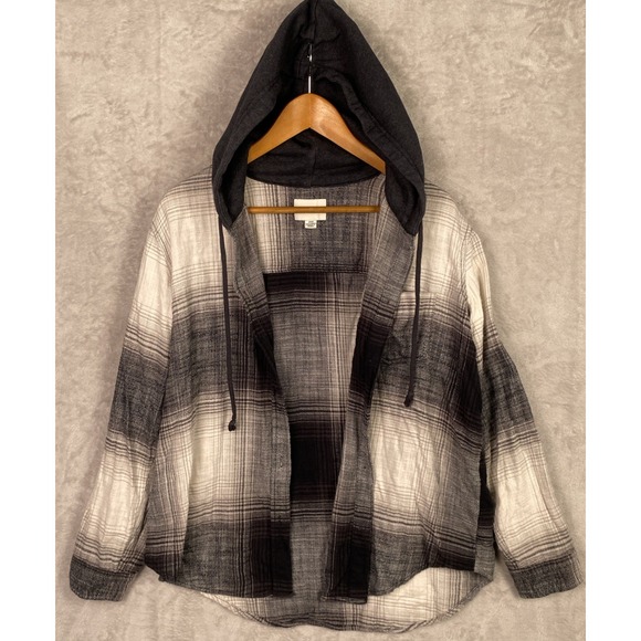 American Eagle Outfitters Tops - American Eagle Womens Hooded Flannel Shirt Plaid Small Black Gray Grunge Skater